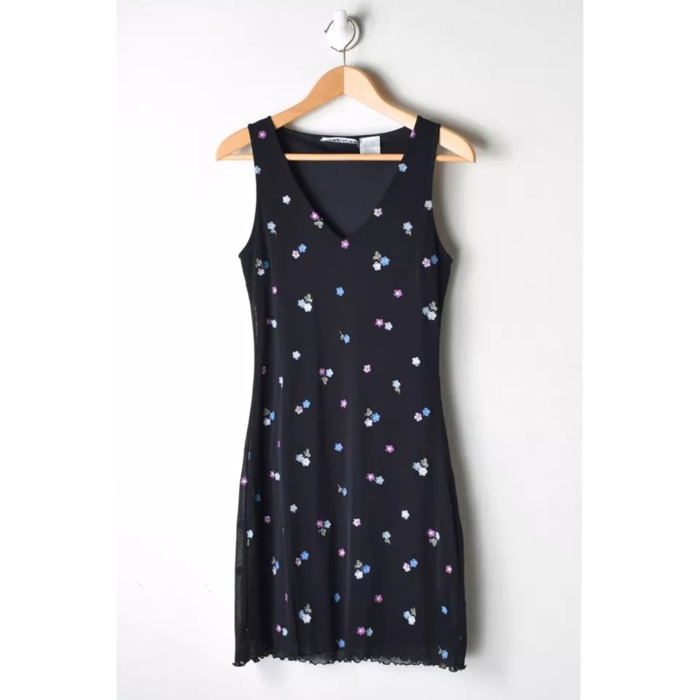 Vintage Y2K Currants Ditsy Floral Mesh Dress Sz Large Whimsy Goth Fairycore Fril